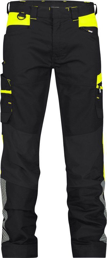 Pantalon de travail noir avec accents jaune fluo sur la ceinture, les poches et les jambes. Avec logo "SMART FLEX".