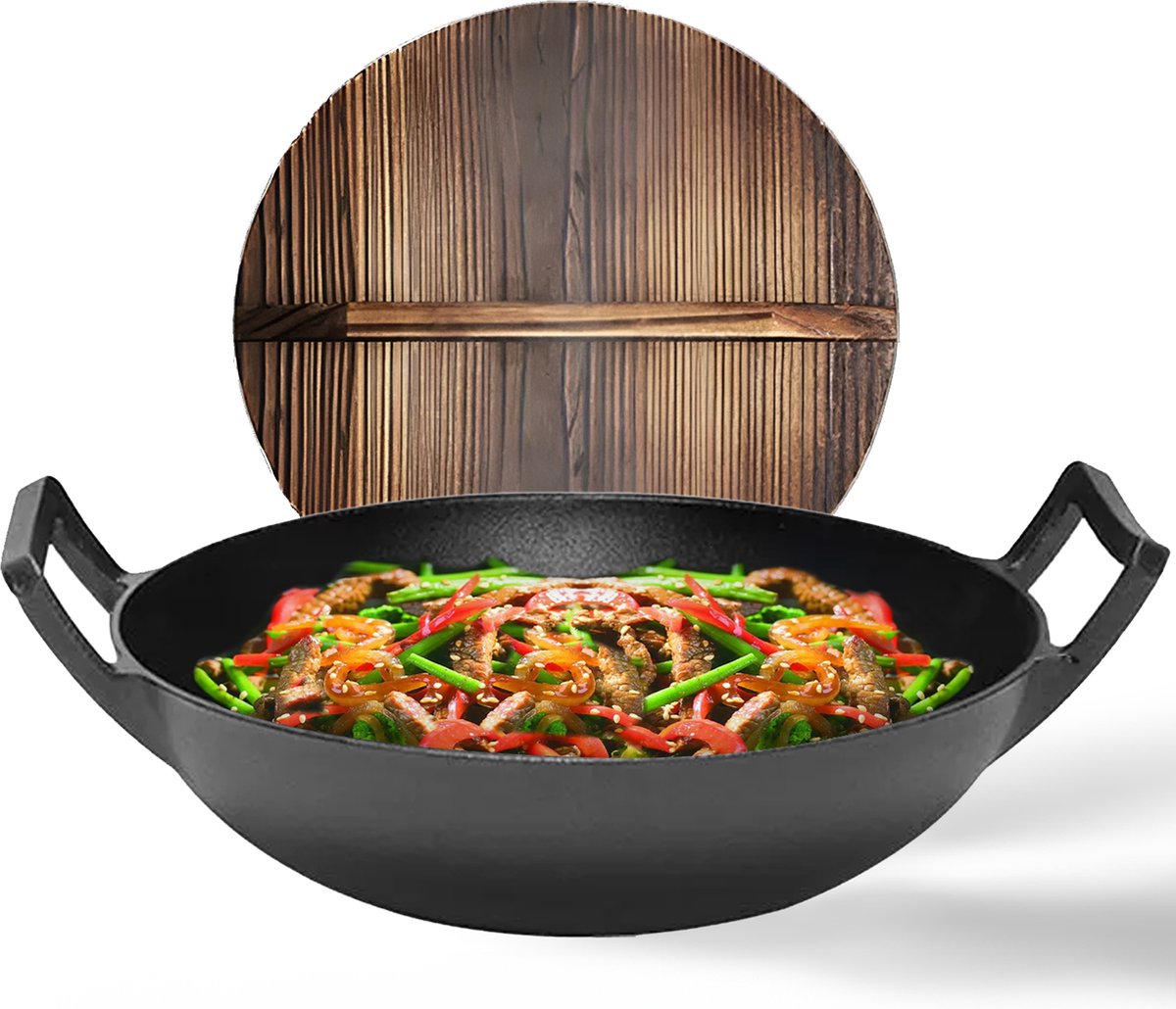 GrillX Wokpan Gietijzer Met Houten Deksel Ø 36cm Gietijzeren Wadjan BBQ & Inductie Pan