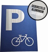 Pictogram/ bord geborsteld aluminium | Parking voor fietsen | 19 x 25 cm | Luxe editie | Parkeerplaats tweewielers | Bedrijfsparking | Parkeren | Fietsenstalling | Bakfietsen | Bakfiets | Velo | Blauw | Roestvrij | 1 stuk