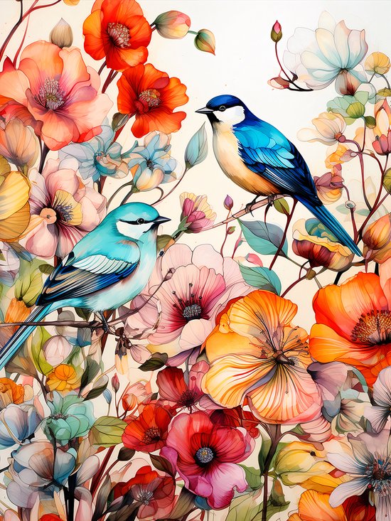 Twee Vogels Tussen Bloemen Op Dibond - Aquarel Art Natuur Op Dibond -formaat - 50x70cm