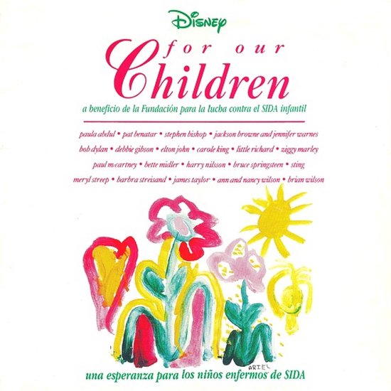Albumcover met kinderlijke tekeningen van bloemen en een zon, met de tekst 'Disney for Our Children'. Artiestennaam vermeld.