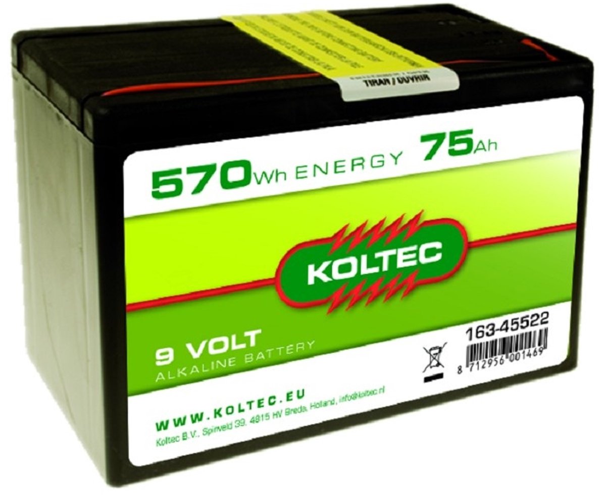 Koltec Batterij 9V 570 Wh 75 Ah — 9 volt batterij 570Wh 75Ah alkaline voor schrikdraad - Koltec 9V 75Ah - Koltec 9V batterij, 9 volt 75Ah, 570 Wh alkaline batterij, batterij schrikdraad, Koltec batterij 9V 75Ah
