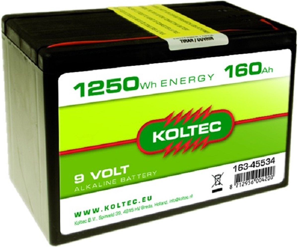 Koltec 9 Volt Batterij - 1250 WH / 160 Ah - Alkaline | Krachtige Oplossing voor Schrikdraadapparaten