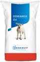 Witte zak met blauwe en rode strepen. Tekst: DENKAMILK Ovi, DENKAVIT GROWING TOGETHER. Lammetje staat op de zak.