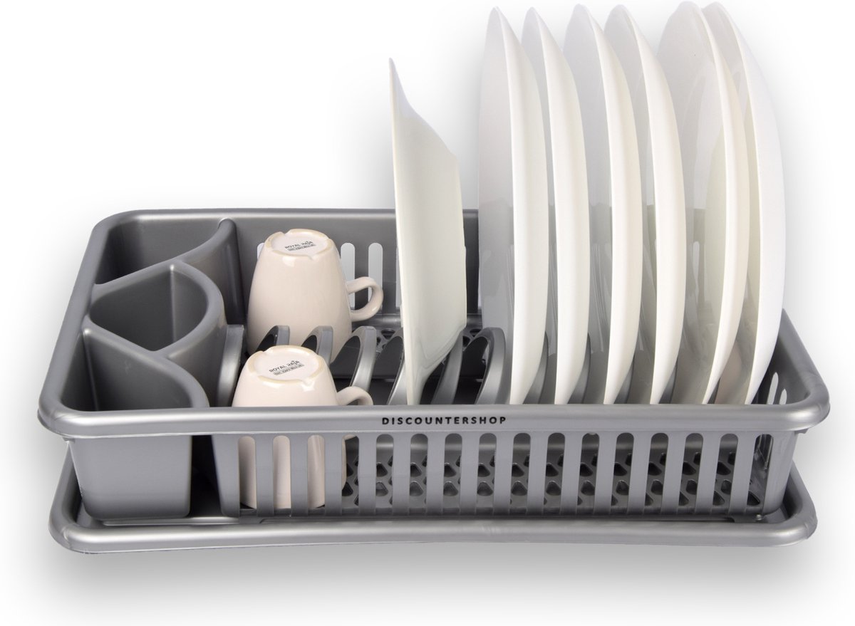 Goedkoopste Afdruiprek met Lekbak - Vaatwasrek met Plateau en Bestekmand - Grijs - 43cm x 26cm x 10cm - Plastic - Keukenorganizers