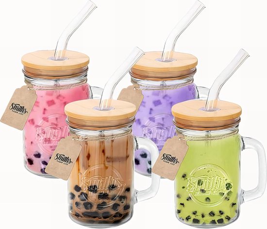 Glazen bekers met bamboe deksels en rietjes, 24 oz beker met handvat, 2 Pack Mason Jar met deksel en rietbrede mond herbruikbare drinkglazen, Boba Cup Smoothie Tumbler Iced Coffee Cup Travel Mok