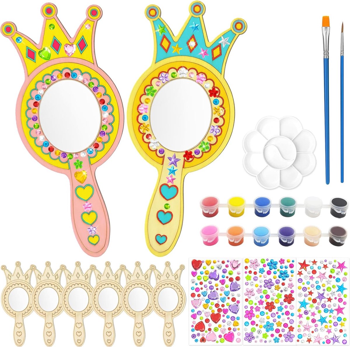 KERANEET Doe-het-zelf houten spiegel, handwerk, prinsessenspiegel om te knutselen, mini prinsessenspiegel voor kinderen, feest