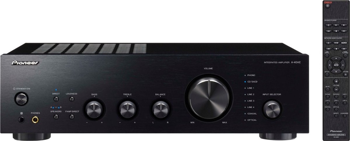 Pioneer A-40AE Black Geïntegreerde versterker | 2.0 | Speaker A/B | Tone Control | Loudness | Analoge ingangen | Phono MM | Digitale ingangen | Source Direct | Hoofdtelefoonuitgang | Afstandsbediening | Totaal uitgangsvermogen: 2x 60 W - Pioneer