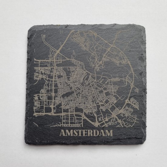 Onderzetters Amsterdam, leisteen 10x10cm. Set van 6 stuks.