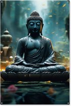 Tuinposter Boeddha - Tuindecoratie Buddha beeld - 120x180 cm - Tuindoek - Muurdecoratie voor buiten - Schuttingposter - Tuinschilderijen Japan zen - Tuinwanddecoratie - Tuinposters