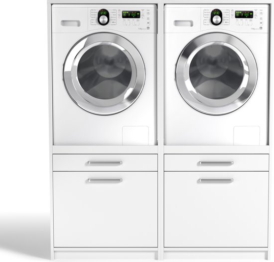 Wasophoogte® Wasmachine Kast Due - Wasmachine verhoger - Wasmachine ombouw / -opbouwmeubel - Multiplex - 700(D)*1352(B)*1580(H) mm - Wit