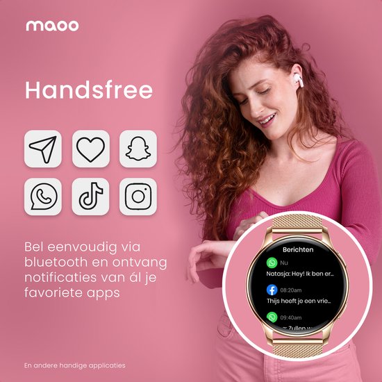 Maoo Ventura AMOLED Smartwatch Dames - Moederdag Cadeautje - RVS en Siliconen Bandje - Stappenteller - Hartslagmeter - Slaapmonitor - Multisport - Geschikt voor Android en iOS - Rosé Goud en Roze - Maoo