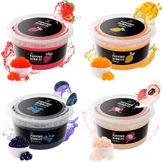 Locca - Bubble Tea - Bubble Tea Parels - Popping Boba Pearls - Popping Fruitparels - Premium Boba Popping Pearls met echt vruchtensap - Instant Tapioca Pearls voor Bubble Tea Kit - 4 Pack - Mango -Blueberry | Blauwe Bes - Lychee - Aardbei - 4x490 gr