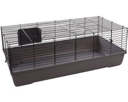 Hamsterkooi – Flamingo Mobi – caviakooi & dwergkonijnenkooi – ruime binnenkooi met hooiruif en diepe bodem – metaal zwart & grijs – 117,5x58x42,5 cm – Europese kwaliteit