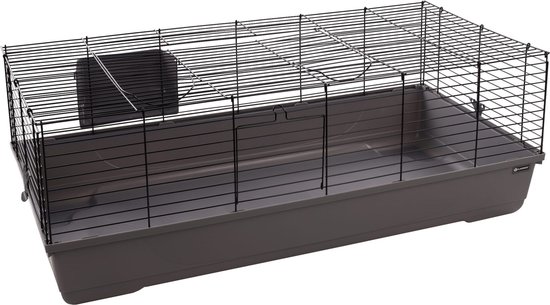Hamsterkooi – Flamingo Mobi – caviakooi & dwergkonijnenkooi – ruime binnenkooi met hooiruif en diepe bodem – metaal zwart & grijs – 117,5x58x42,5 cm – Europese kwaliteit