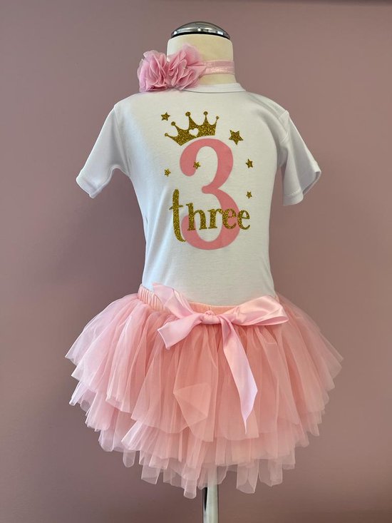 Verjaardag outfit-verjaardag setje meisje-tutu roze-3 jaar-derde verjaardag-verjaardag kleedje-jarig-feestkleding verjaardag meisje-kinderverjaardag-set Marit (mt 98)