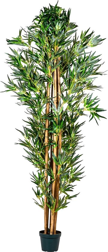 Kunstplanten voor binnen - Kamerplanten - Kunstplant - Nep planten - Kunstboom - Bamboe plant - Inclusief plantenpot - Inclusief decoratie mos - Palmhout - Textielvezel - Bruin - Groen - 220 cm