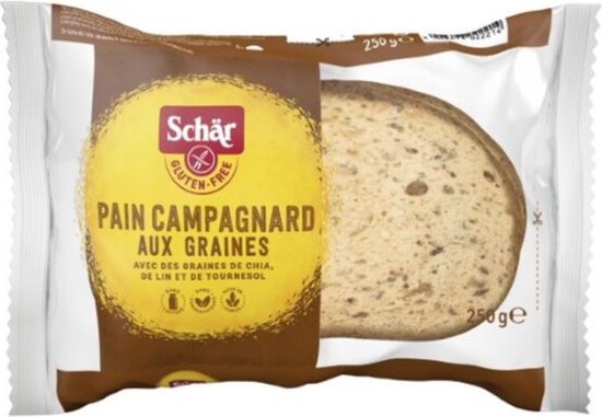 Glutenvrij meergranenbrood van Schär, met chiazaad, lijnzaad en zonnebloempitten. Verpakt in een witte verpakking met gele opdruk.