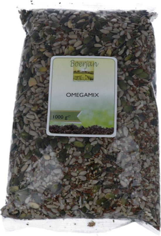 Zak Boerjan Omegamix zaden 1000 gr, met boerderijlandschap op het etiket.