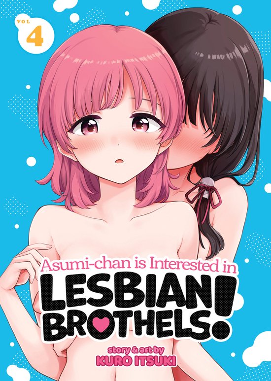 Manga cover van Asumi-chan is Interested in Lesbian Brothels! deel 4 met twee anime-meisjes op een blauwe achtergrond.