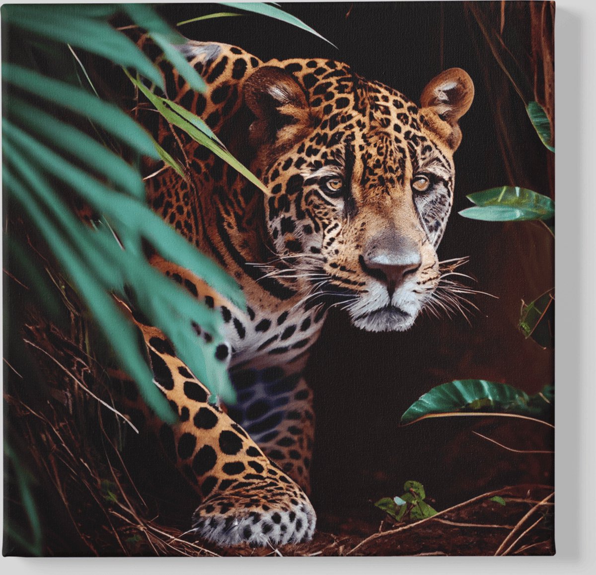 Trendex Global Canvas Schilderij - Luipaard - Wild Dieren - Wanddecoratie - 100x100x2 cm Zwart