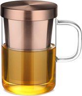 500 ml (volledige capaciteit) glazen beker met bronzen roestvrijstalen zeef en deksel, theeglas, theekop van borosilicaat theekop