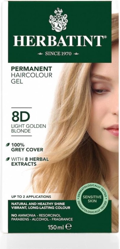 Foto: Herbatint 8d licht goud blond haarverf permanente vegan haarkleuring 8 plantenextracten 150 ml