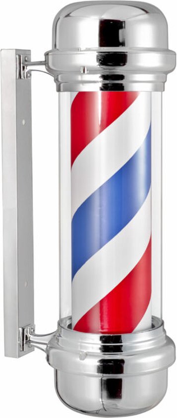 Kapperspaal — Barber pole lamp — roterend en verlicht — 69 cm hoogte — 34 cm wandafstand — zilveren fitting