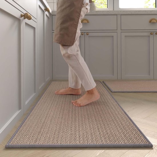 Tapis de cuisine lavable antidérapant en sisal, tapis de cuisine, tapis de cuisine, tapis anti-saleté, tapis de cuisine et salle à manger, ensemble de tapis de bain, support en caoutchouc naturel, 44 x 75 cm + 44 x 20 cm.