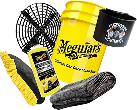 Meguiars autowasset: Meguiars Wash & Wax Shampoo 473 ml Meguiars was-emmer 5 Gal. (19 liter) ,Grit Guard vuilafscheider, Detailing Outlaws Buckanizer Black, Detailmate 3-in-1 washandschoen, detailamte microvezel droogdoek 50x80 1100 gsm