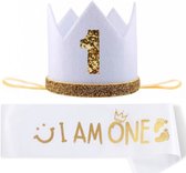 Ensemble premier anniversaire 2 pièces blanc avec ceinture et chapeau dorés - chapeau - 1 - premier - anniversaire - cake smash - ceinture