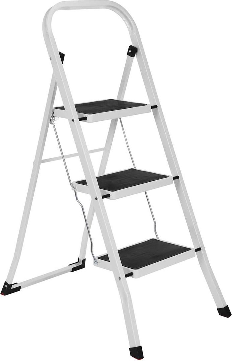 Trapladder - Keukentrap - Vouwladder - Huishoudtrap 3 treden - Antislip - Max. 150 KG - Staal - Wit - Zwart – foto 7