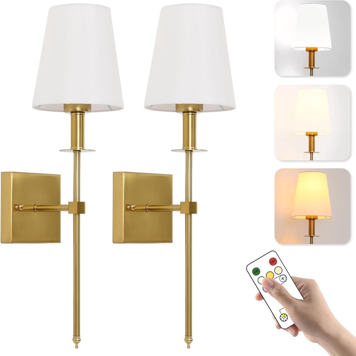 Batterij Wandlamp voor binnen, USB Oplaadbare Wandlamp met Afstandsbediening, Dimbare Batterij Oplaadbaar Wandverlichting, Draadloos Nachtlampje voor slaapkamer, woonkamer, trap, hal, Goud, 2 Stuks [Energieklasse A]