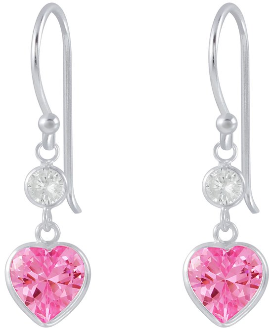 Joy|S - Zilveren hartje oorbellen - roze hartje - zirkonia - oorhangers