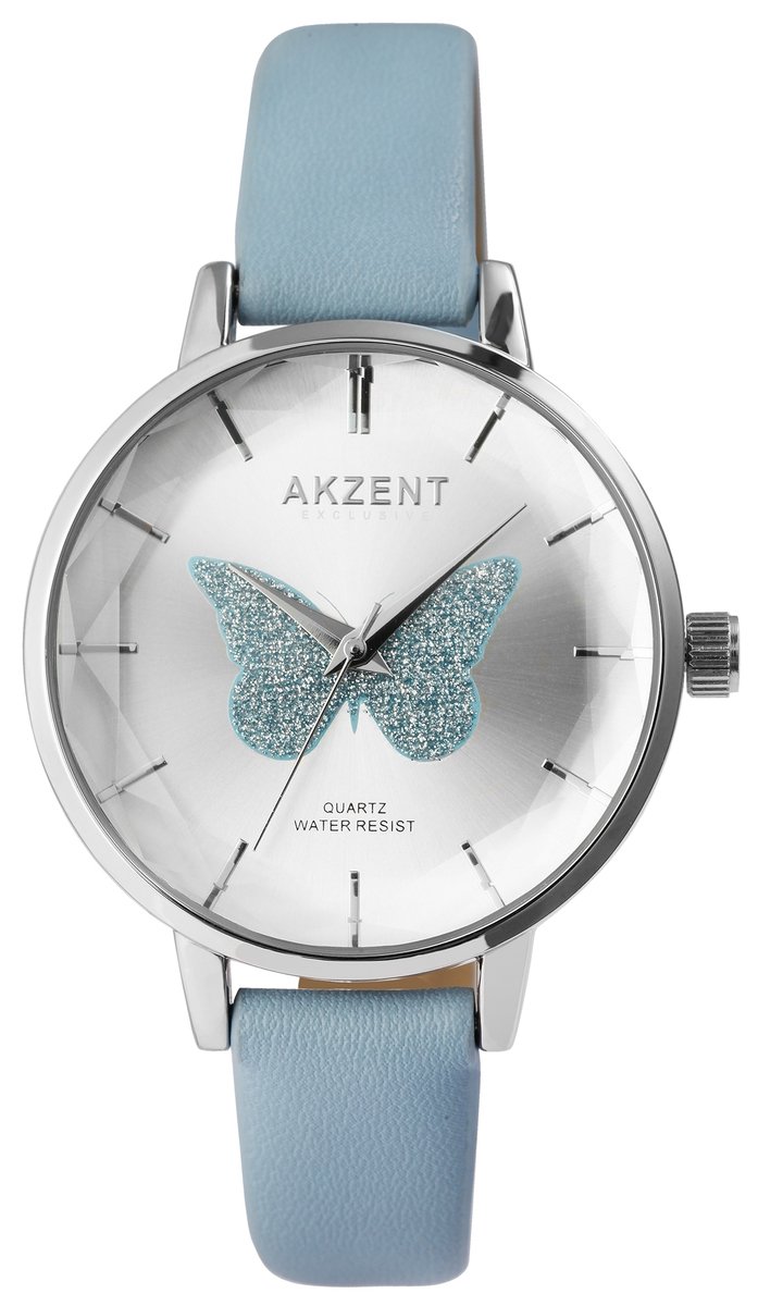 Akzent-Dames horloge-Analoog-Rond-38MM-Zilverkleurig-Blauw lederen band.