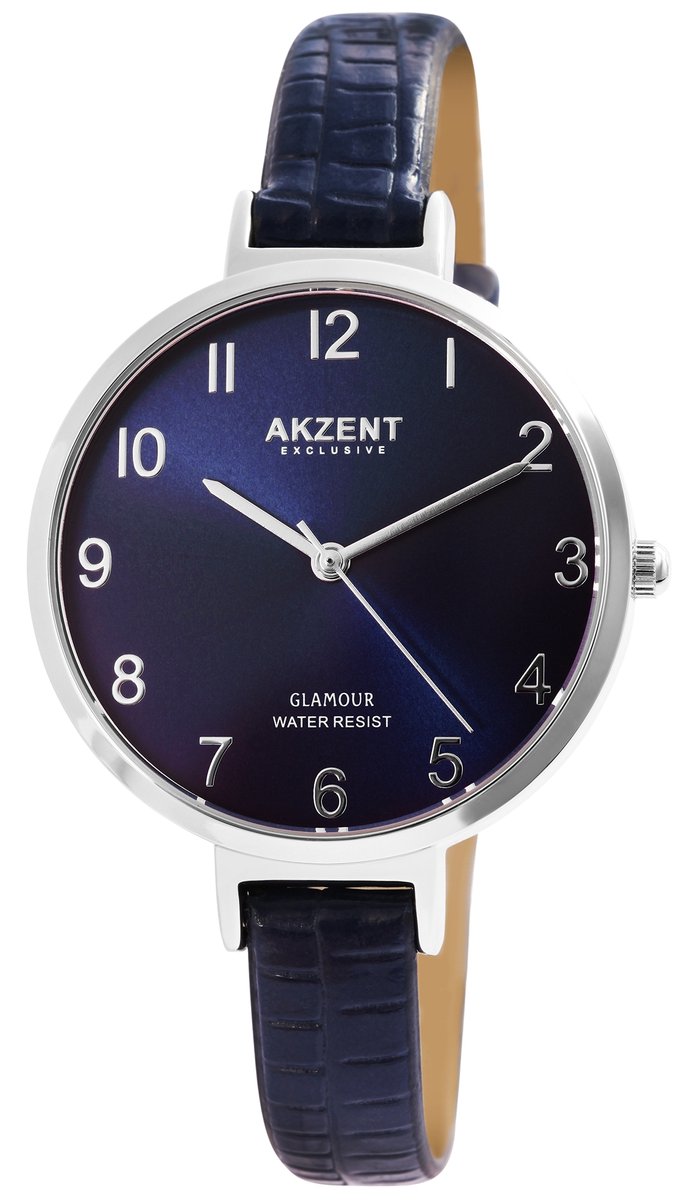 Akzent-Dames horloge-Analoog-Rond-36MM-Zilverkleurig-Blauw lederen band.