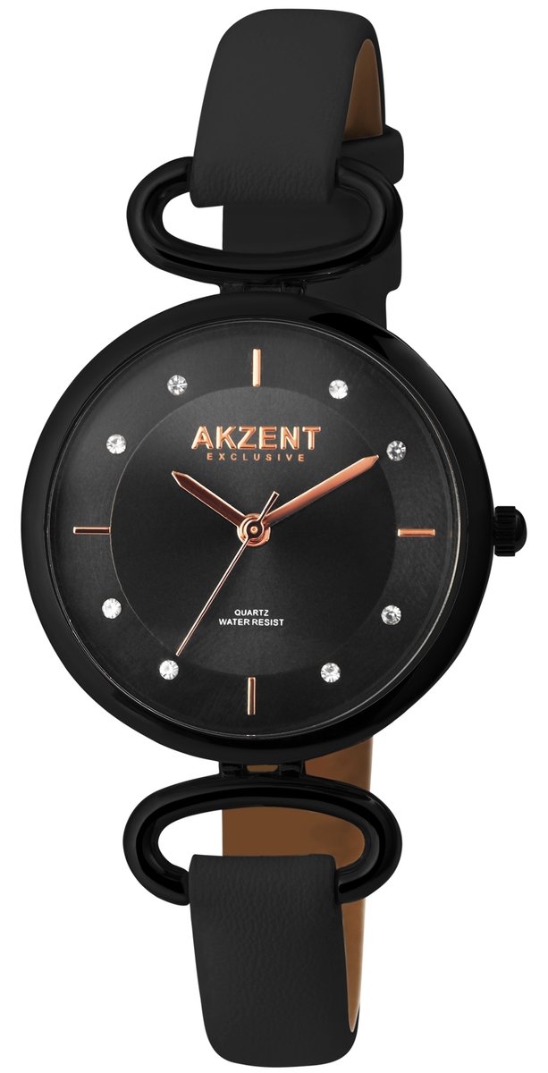 Akzent-Dames horloge-Analoog-Rond-33MM-Zwart-Zwart lederen band.