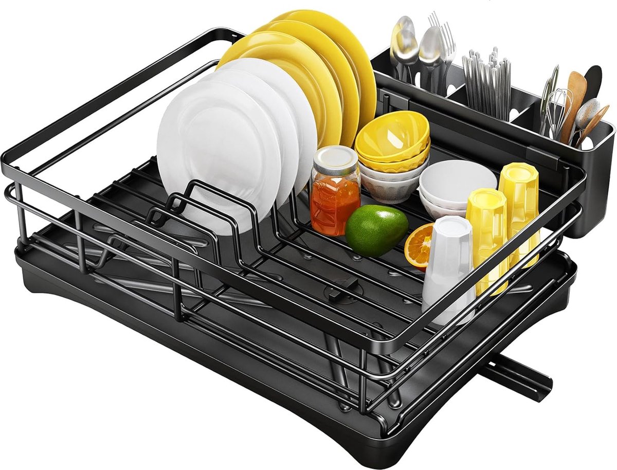 Goedkoopste Afdruiprek met grote capaciteit en afneembare bestekhouder, draaibare afvoeruitloop voor keukenwerkblad, zwart