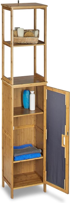 Badkamerrek bamboe met 5 planken, staand rek met kastdeur h x b x d