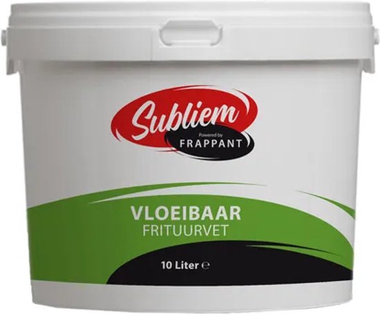 Subliem vloeibaar frituurvet in witte emmer met groene en zwarte opdruk, 10 liter.
