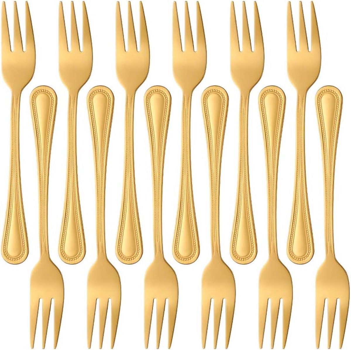 Pakket van 12 roestvrij stalen kraal theevorken kleine dessertvork, mat goud spiegelgepolijst bestek, 5,7 inch