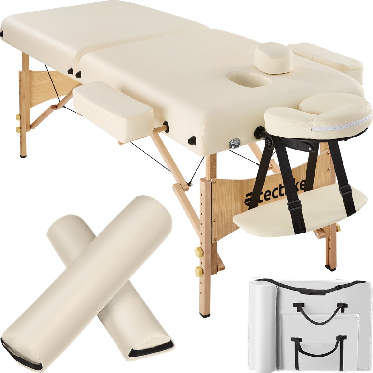 tectake® Massagetafel - Professionele Behandeltafel - 7,5cm Matras – 2 Zones - Opvouwbare Behandelbank met Rolkussens en Draagtas - Max Draagvermogen 250kg - In Hoogte Verstelbaar - Beige - Incl. Opbergtas