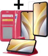 Hoesje Geschikt voor Samsung A15 Hoesje Book Case Hoes Wallet Cover Met Screenprotector - Hoes Geschikt voor Samsung Galaxy A15 Hoesje Bookcase Hoes - Donkerroze