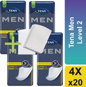 TENA Men Level 2 - Incontinentie Mannen - Inclusief 4 Wegwerp Washandjes - 4 pakken - Voordeelverpakking - 80 stuks - Incontinentie verband