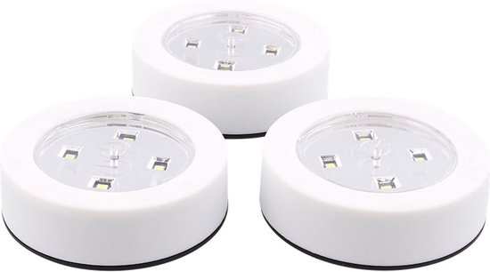 Luxe Witte Zelfklevende LED Druklampen Set - 3 Stuks | Werkt Zonder Stopcontact | LED per Mini Spot Lamp | Push Light | Druk Lamp | Licht voor Voorraadkasten | Tenten | Auto's en Boten
