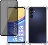 Hoesje + Privé Screenprotector geschikt voor Samsung Galaxy A15 – Privacy Tempered Glass - Case Transparant