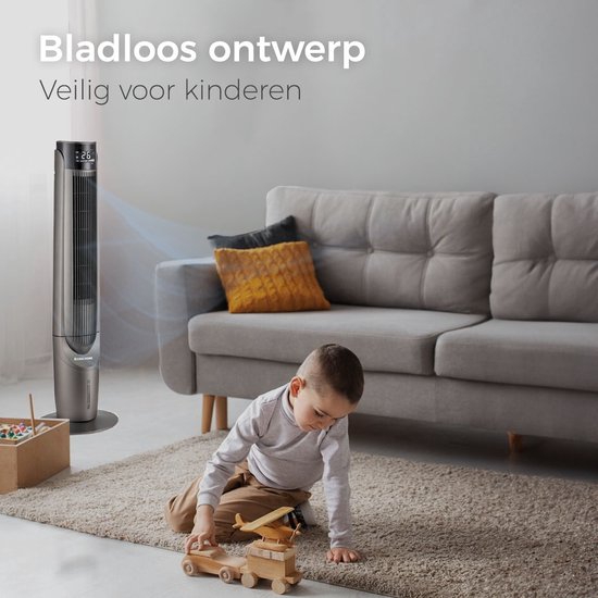 Grijze CoolHome torenventilator met bladloos ontwerp, veilig voor kinderen die spelen.