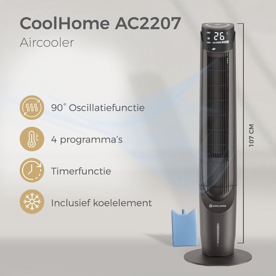 Zwarte CoolHome AC2207 airco cooler, 107cm hoog, met koelelement en functies.