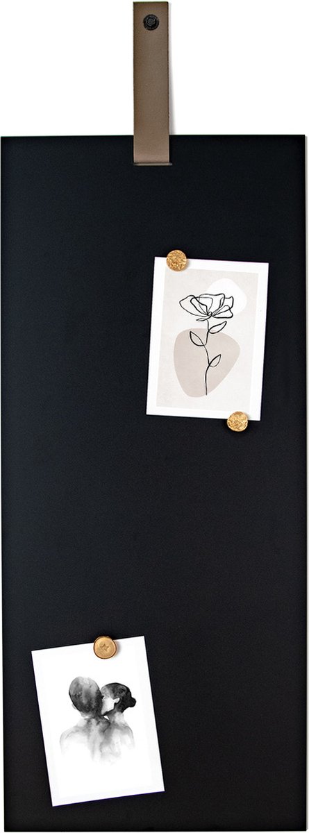 Magneetbord Aimant Rechthoek Zwart - Beige leren band - 80x35 cm