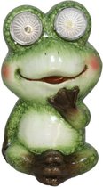 Gerimport Tuinbeeld dier kikker zittend - kunststeen - H13 cm - groen - Solar light ogen